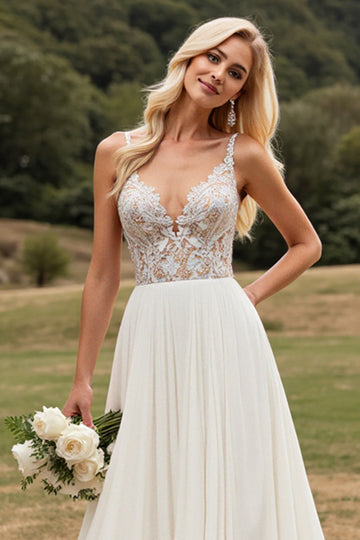 Ivory A Line Chiffon Lace Long Wedding Dress With Slit